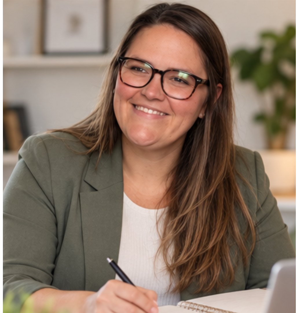 Meagan Westmoreland smiling while taking notes at a desk in a bright office