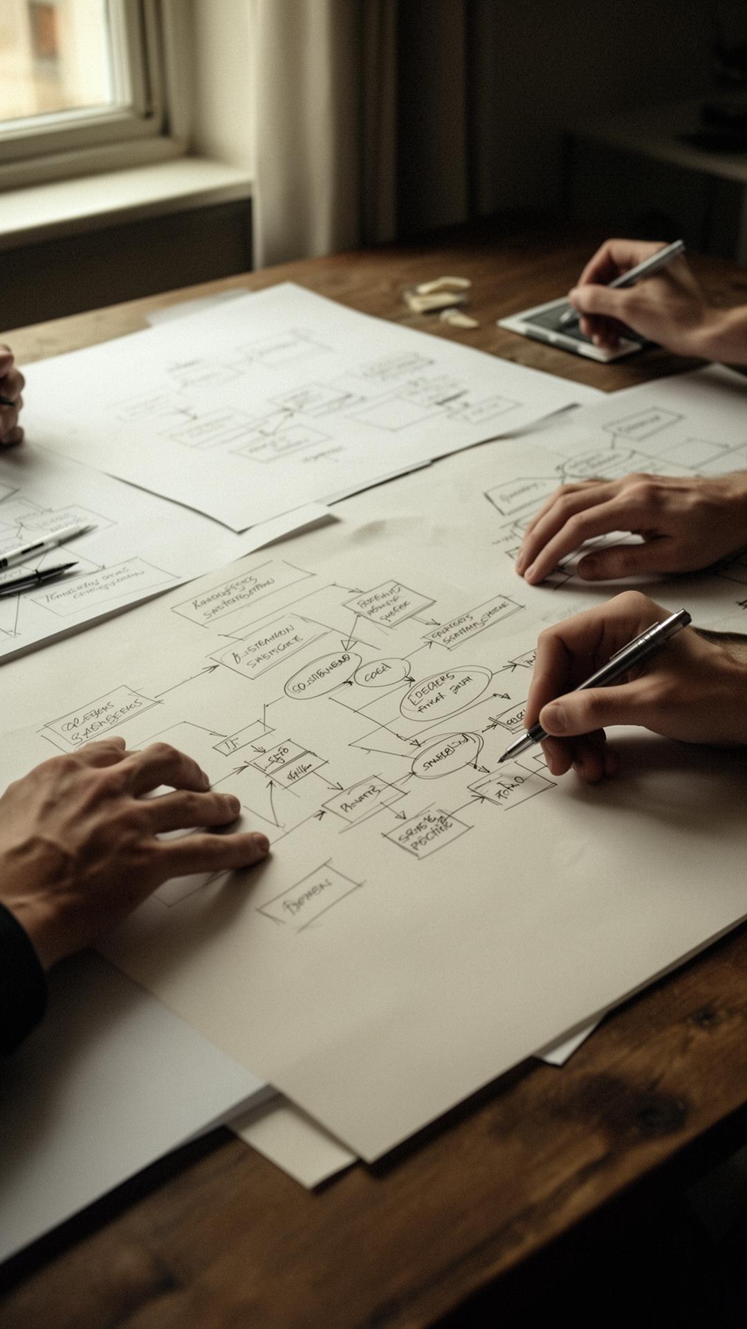 Implementation workshop with planning documents and systems diagrams